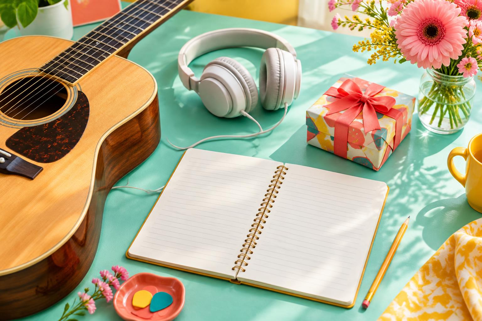 Gitaar, koptelefoon en notitieboek voor een persoonlijk lied als cadeau
